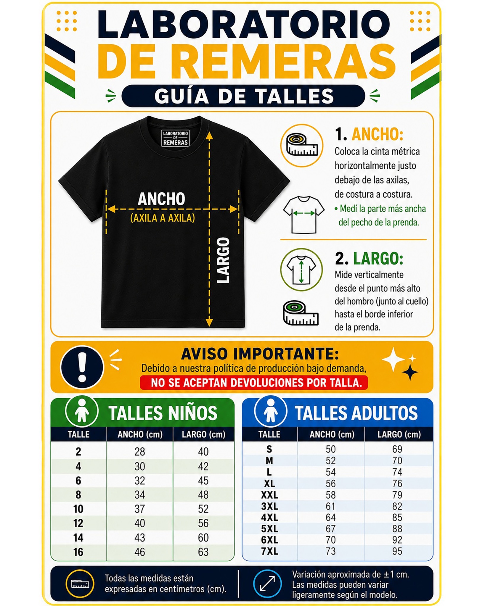 Guía de talles completa: cómo medir ancho y largo de una remera, talles de niños 2 a 16 y adultos S a 7XL